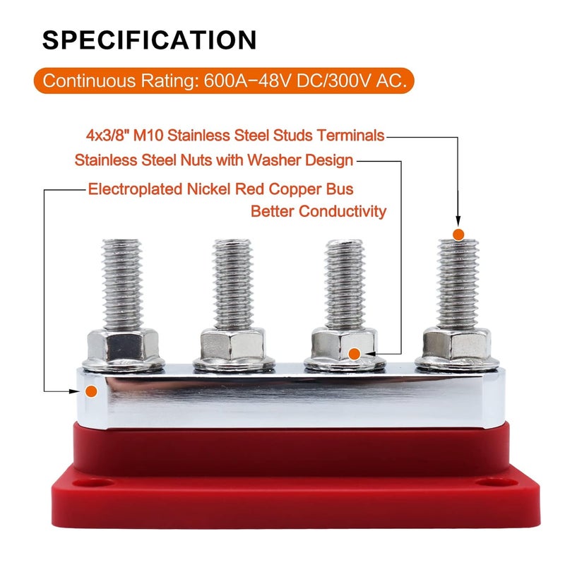 AMOMD 2 pcs 600A High Current Bus Bar with 4 Studs (3/8 inch) M10 Nickel Plated Copper Distribution Block Ideal for Electrical Battery Ground Buss Bar Connections with Cover 300 V AC/12-48 V DC - Image 2